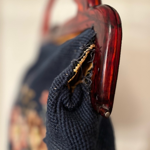 Vintage Sewing Tapestry Bag/Handbag with Bakelite Handle, Blue Floral. Clutch - Picture 15 of 16